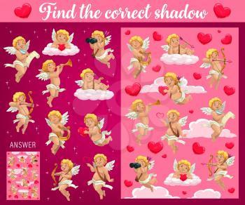 Saint Valentine holiday child find correct shadow game with amours. Children game with matching task, kids puzzles book page. Cupids character with musical instruments, bow and heart cartoon vector