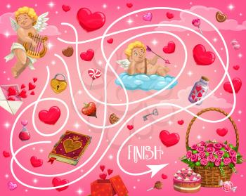 Valentine day holiday maze for children with cherubs and hearts. Kids labyrinth game, child playing activities with finding way task. Cupids, flowers and love potion, spellbook, sweets cartoon vector