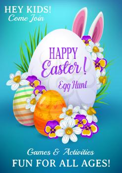 Easter holiday vector flyer with cute cartoon rabbit ears, green grass blades, decorated eggs, and flowers around of white egg with lettering. Happy Easter hunt games and activities event invitation