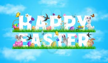 Happy easter holiday banner with rabbits playing on meadow grass, cute bunny sleeping, collecting and carrying easter eggs in wheelbarrow, spring flowers, swallow and butterflies cartoon vector