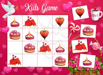 Kids logical game with Saint Valentine day symbols. Child crossword or riddle, children playing activity worksheet. Candle, gift and cake, strawberry, white dove and basket with roses cartoon vector