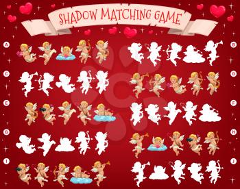 Saint Valentine day holiday shadow matching puzzle for kids with cupids characters. Child playing activity with connecting silhouettes task, children educational game. Cherubs, amours cartoon vector