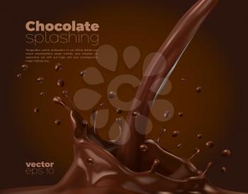 Chocolate or cocoa milk flow with corona splash and splatters. Vector stream with crown swirl, brown liquid splashing with droplets background. Realistic 3d dynamic pouring, choco promo ad