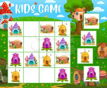 Sudoku game snail, seashell, beehive and mushroom fairy houses, vector tabletop riddle. Sudoku puzzle board game with cartoon homes or fairy tale gnome, dwarf or elf in tree stump and flower
