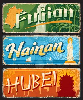 Hubei, Hainan and Fujian chinese province plates and travel stickers, vector. China cities tin signs or luggage tags with province taglines and sightseeing landmarks, travel and tourism luggage tags