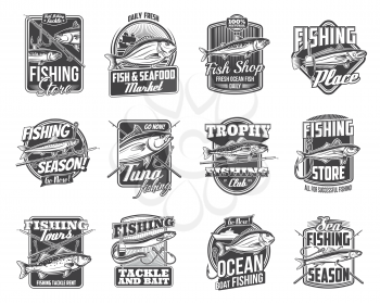 Fish and fishing sport tackle isolated vector icons. Fishing rod, fisherman boat and hook monochrome badges with salmon, tuna, mackerel and eel, sheatfish, anchovy and sardine, bream and sea bass