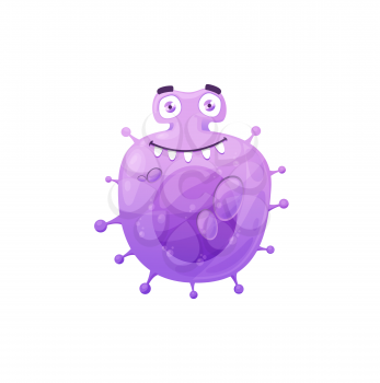 Cartoon virus cell vector icon, cute purple bacteria, happy laughing germ character with funny face and pimples. Smiling pathogen microbe with kind eyes and big teeth, micro organism isolated symbol