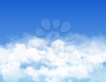 Sky clouds or fog, blue heaven with white mist, steam or fluffy clouds, vector background. Clouds in blue sky, fluffy smoke or white fog with light, sunny day with transparent fluffy air steam
