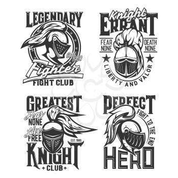 Medieval knights and warriors t-shirt prints. Fighting club clothing custom design print templates. Monochrome vector knight armor, metal helmet with feather plume and shield