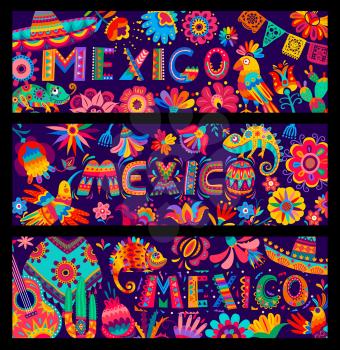 Cartoon Mexican holiday, music and culture vector banners with sombrero, guitars, birds, flowers and cactus. Mexican paper craft art alebrije, Mexico fiesta party poncho and papel picado decoration