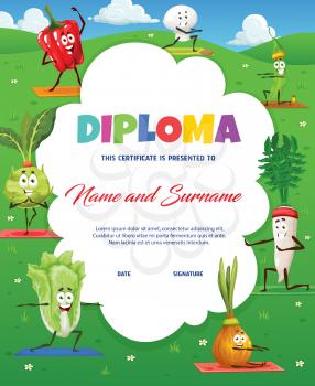 Kids diploma, cartoon vegetables on yoga sport, vector certificate. Kindergarten education diploma award with pepper and kohlrabi on yoga mat, onion cabbage in meditation and bean in fitness