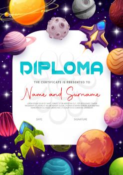 Kids diploma cartoon starships, fantastic planets and stars. Education vector school achievement award frame template with rockets. Certificate with futuristic galaxy world, shuttles in deep space