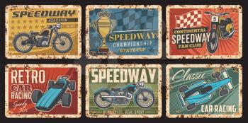 Race car, motorcycle and kart with finish flag vintage banners of vector racing sport, rally and motorsport. Auto racing retro vehicles, automobiles and bikes and championship trophy cups retro signs