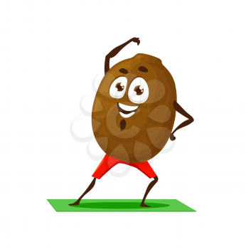 Cartoon character kiwi doing sport trainings isolated summer fruit mascot. Vector berry emoticon on fitness pilates yoga mat, tropical exotic food, kiwifruit dessert, Chinese gooseberry funny emoji