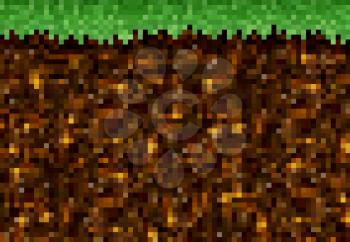 Cubic pixel game golden ore, grass and ground blocks pattern. Precious metal in soil, gold or amber nuggets underground eight-bit retro game vector background, arcade level square pixel texture