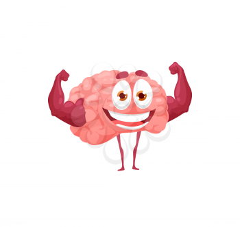 Brain power, human organ showing strong biceps isolated comic character. Vector memory training, intellect and intellectual activities of mind. Strong mind doing exercises in gym, mental health