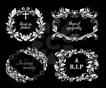 Funeral vector cards with flourish wreaths, crosses, ribbon and obsequial typography. Funeral mourning retro frames with floral decoration, vintage white borders on black background isolated set