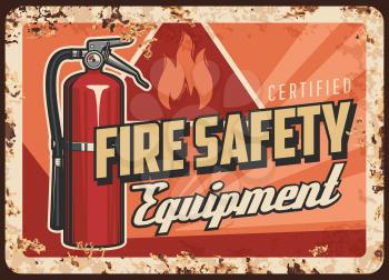 Fire safety equipment rusty metal plate. Dry chemical, foam or clean agent fire extinguisher with pressure gauge and rubber hose, warning triangle sign vector. Fire safety devices shop retro banner