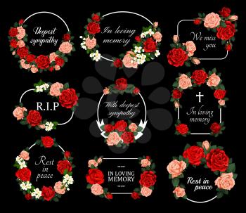 Funeral vector cards with red and pink rose flower wreaths. Obituary frames with engraved floral decoration and condolence typography. Vintage borders with roses blossoms and leaves isolated set