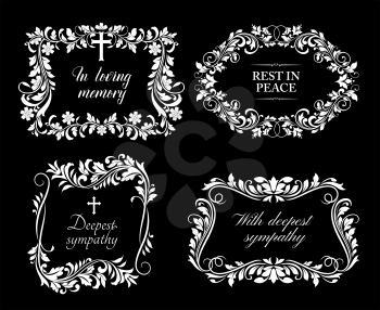 Funeral frame with floral decor. Funerary card border with flowers blossom, leaves on stem and crucifix cross vector. Mortuary memorial plate with rest in peace, in loving memory condolences lettering