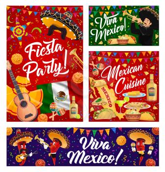 Viva Mexico vector banners with Mexican holiday sombrero, musicians and fiesta party food. Cinco de Mayo maracas, mariachi hats and guitar, pepper characters, Mexico flag and map, pinata and tequila