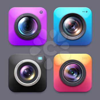 Photo and video cameras with lens flare vector icons, isolated digital button signs. Photographer equipment graphic design elements, label or emblems for web content, snapshot, photocamera symbols set