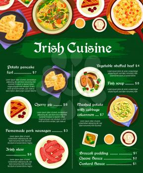 Irish cuisine vector cherry pie, vegetable stuffed beef and broccoli pudding. Fish soup, irish stew and cheese sauce, mashed potato with cabbage colcannon and homemade pork sausages meals of Ireland