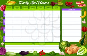 Weekly meal planner, vector food week plan with vegetable, fruit and meat. Calendar menu breakfast, lunch, dinner and snack with shopping list and place for notes. Dieting diary timetable template