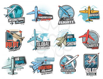 Aviation and air flight icons, airplane pilot school and aircraft museum, vector signs. Air flight aviators academy, global airlines and flights travel, air transportation freight delivery service