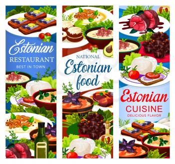 Estonian cuisine vector dishes pancakes butter with cream, milk fish soup, syir and spicy homemade sprat. Dark beer pork roast with mushroom cream soup, kama flour muffins. Estonia food meals banners