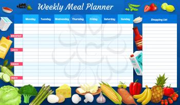 Weekly meal planner, vector timetable, week food plan organizer with farm and dairy products. Calendar menu with shopping list for grocery purchases. Meal diary template for personal weekly dieting
