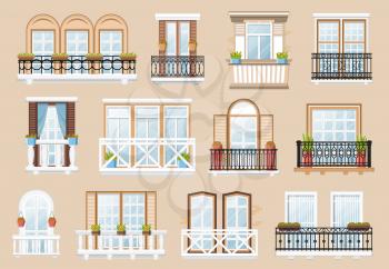 Windows and balconies vector exterior and interior architecture decoration. Vintage facade building wall with balconied railing windows and potted plants retro decor, cartoon classic construction