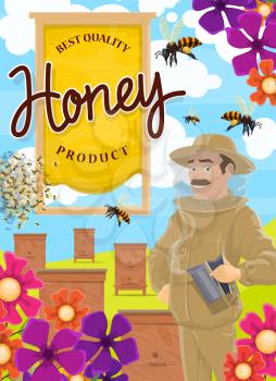 Honey products, apiary farm, vector beekeeper in protective suit with smudge. Beekeeping, agriculture with beehives, Bees swarm collecting flower honey on field. Natural production, apiary poster