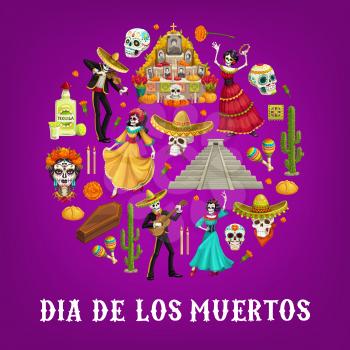 Day of the Dead circle with vector sugar skulls and marigold flowers of Mexican Dia de los Muertos. Skeletons with guitars, sombreros and maracas, cactus tequila, altar and candles, coffin and pyramid