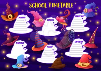 Education school timetable vector template with cartoon witch hats and sparkles. Kids week time table schedule for lessons with halloween headwear, magician costume. Weekly classes planner frame