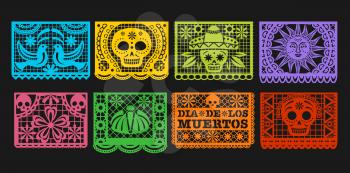 Paper flags, vector Mexican Day of the Dead papel picado bunting. Mexico Dia de los Muertos or Halloween holiday garland with cut out ornaments of skeleton skull, sombrero, marigold flower and bird