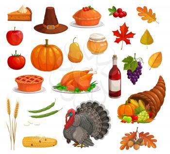 Thanksgiving autumn holiday vector icon set with cartoon turkey, food and pilgrim hat. Harvest pumpkin, apple and pie, cornucopia, fallen leaves, corn and grape, acorn, wheat, honey, wine, cranberries