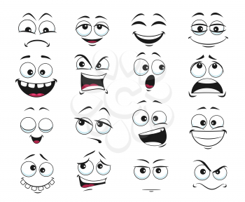 Face expression isolated vector icons, funny cartoon emoji satisfied, toothy and crazy, angry, laughing and sad. Facial emoticon feelings upset, happy and sad, dissatisfied. Cute face expressions set
