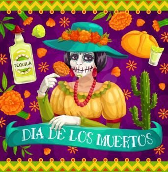 Mexican Day of the Dead Catrina skeleton with flowers, vector Dia de los Muertos. Mexico religion holiday Calavera with marigolds, cactuses, tequila and limes, bread and fiesta party flamenco costume