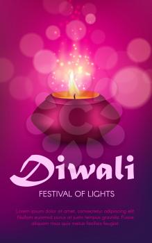 Indian diya lamp vector design of Diwali or Deepavali Hindu religion light festival. Oil lamp or candle lantern of pink clay with burning fire flame and gold sparkles, festive greeting card