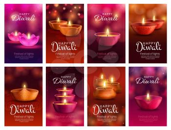 Diwali or Deepavali diya lamp vector banners of Indian light festival and Hindu religion holiday greeting cards. Deepawali oil lamps, decorated with rangoli pattern, paisley flowers and bokeh lights