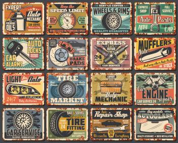 Car service rusty metal plates, vintage rust signs. Mechanic garage station vector grunge posters, transportation advertising signs. Car engine repair station, vehicle spare parts shop, rusty plates