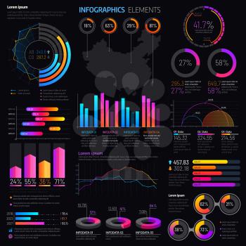 Infographics elements with vector graphs and charts. Business presentation info graphic templates with bar graphs, statistic data step and pie charts, timeline, process and option diagrams