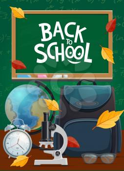 Back to school, student bag and chalkboard vector poster. Back to school education and lesson supplies, biology microscope, geography globe, teacher glasses, mathematics formula, clock and autumn leaf