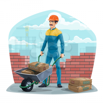 Builder worker with wheelbarrow at construction site. Cartoon vector bricklayer at a building construction. Masonry bricklayer in uniform and hardhat with cement bags near brick wall