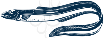 Eel-shape fish isolated monochrome icon. Vector sea electric eel, marine underwater animal. Knifefish Electrophorus electricus, exotic fish inhabit fresh water. Uncooked fresh eel hand drawn