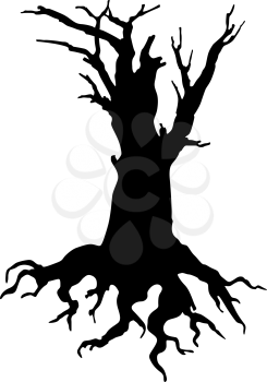 Creepy dead tree silhouette vector illustration. Autumn, winter season, nature death hand drawn monocolor symbol. Scary tree with bare crown monochrome drawing. Lonely wood, dry branches, root system