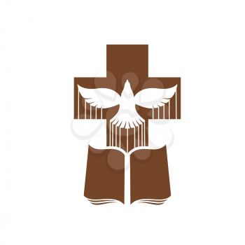 Christianity religion vector icon of dove, Bible and cross. Christian religious holy book, God bird of peace and Jesus Christ crucifix isolated brown badge of church or prayer house
