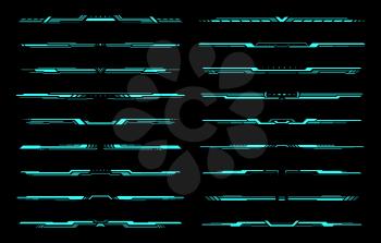 HUD futuristic header and footer interface vector elements of Sci Fi and tech game. Future technology head up display hologram screen frame border lines, blue neon text bars and dividers, ui design
