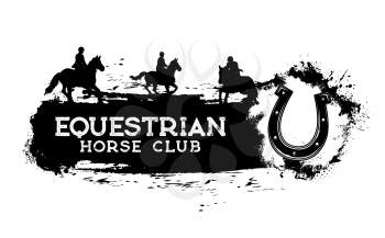 Equestrian sport club grunge banner, horse riding and racing, vector horseshoe emblem. Jockey polo sport, equine ride and races, stable or hippodrome sign with horse mustang on steeplechase ride